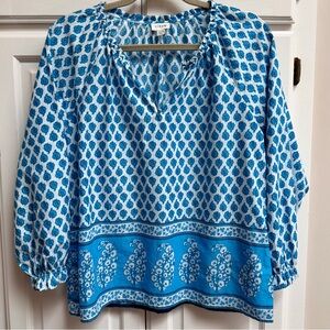 J. Crew Block Print Artist Top in Malibu Blue White Cotton Size XXS